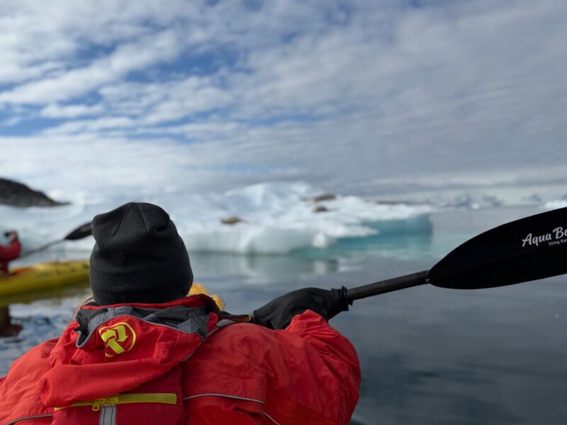 Person kayaking in Antarctica wearing red jacket near icebergs