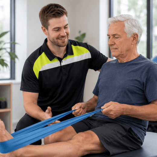 DVA physiotherapy session with a physiotherapist helping an older adult perform rehabilitation exercises in a modern clinic
