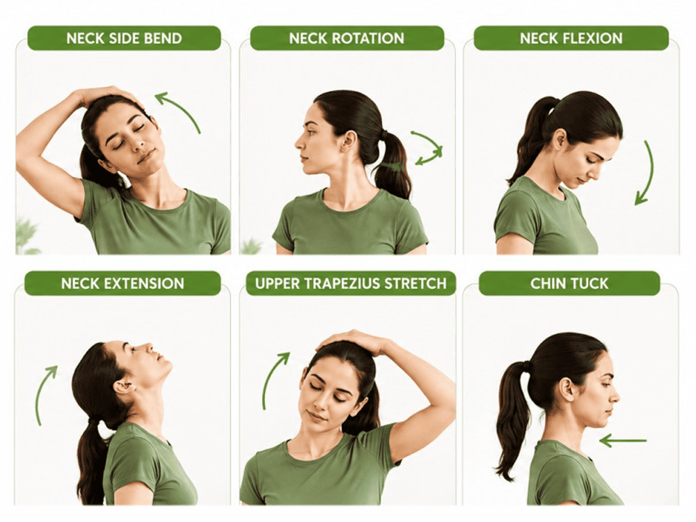 Illustrated neck stretching exercises for improving neck mobility and flexibility