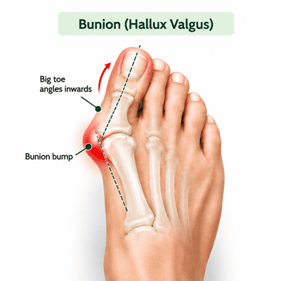 Illustration showing a bunion with the big toe angled inward and a prominent bump at the base of the toe