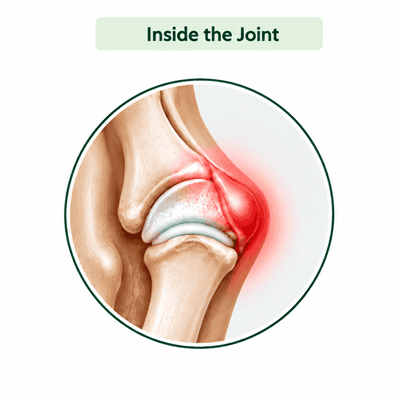 Medical illustration showing inflammation and changes inside the joint affected by a bunion