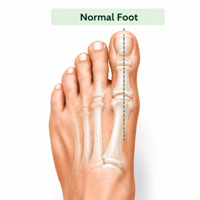 Illustration showing the normal alignment of the big toe and foot bones