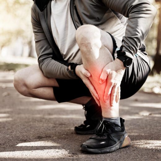 Shin splints or stress fracture symptoms in a runner holding their lower leg.